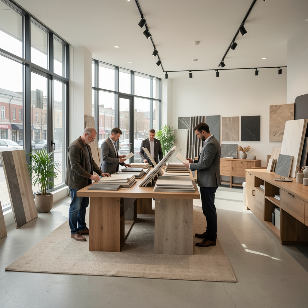 Унутрашњост ентеријерног showroom-а са разним узорцима намештаја, великим прозорима и природним светлом, где тим стручњака анализира материјале и производе