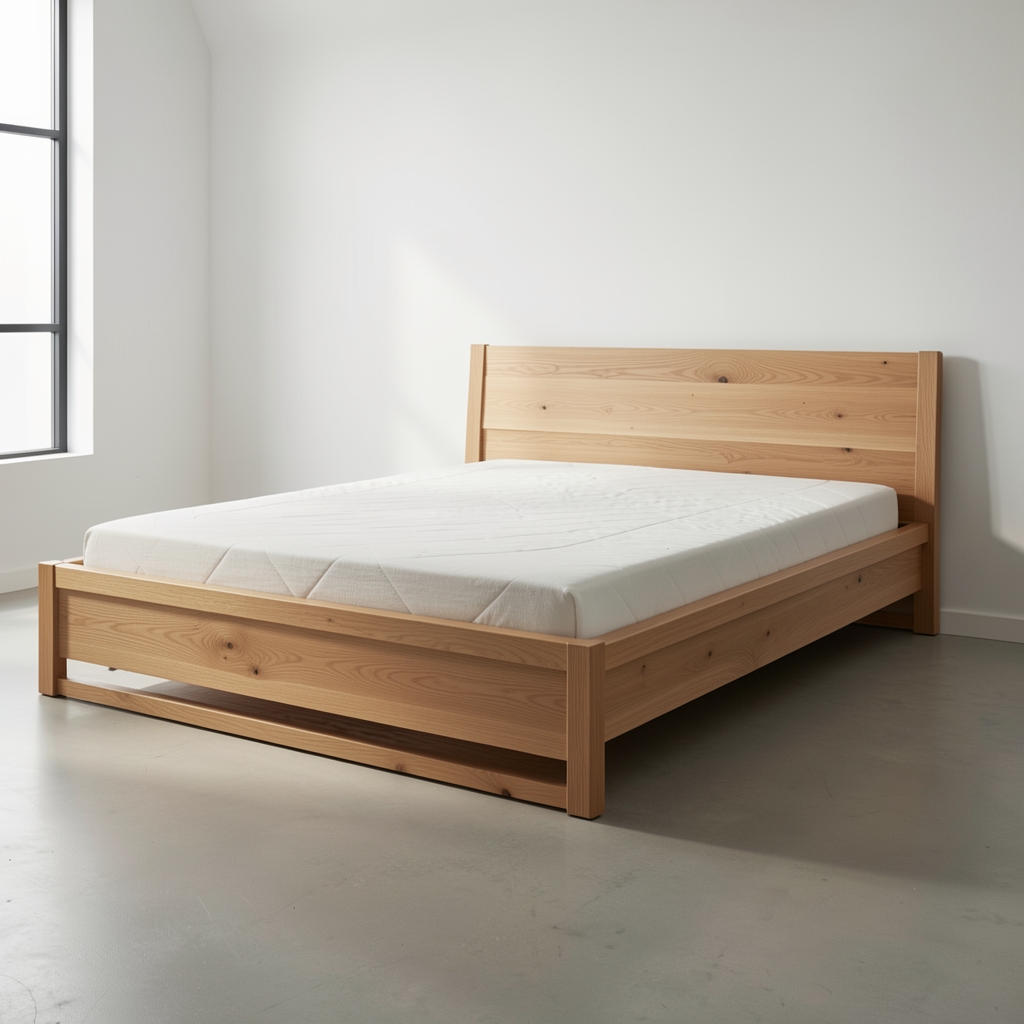 Масивни дрвени krevet od hrastovine sa lameliranim podnicama, prirodnom teksturom drveta i minimalističkim dizajnom headboard-a u scandinauskom stilu