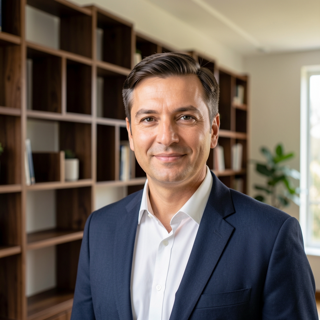 Modularna bibliotečka polica od masivnog drveta hrasta u tamnoj nijansi, sa devet polja razlicitih visina, poređana uz ceo zid dnevne sobe