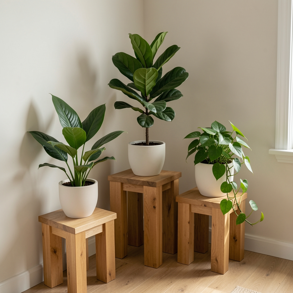 Drveno postolje za biljke od masivnog tika u tri visine postavljeno u uglu sobe sa tri zelene biljke - monstera, fiddle leaf fig i pothos u bezbojnim terakota saksijama